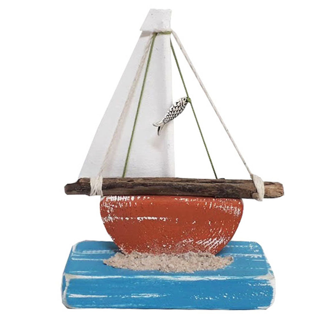 Wooden Small Boat - Brown With White Sail