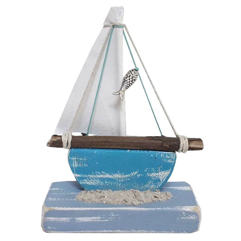 Wooden Small Boat - Blue With White Sail