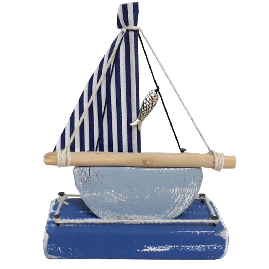 Wooden Small Boat - Blue With Striped Sail
