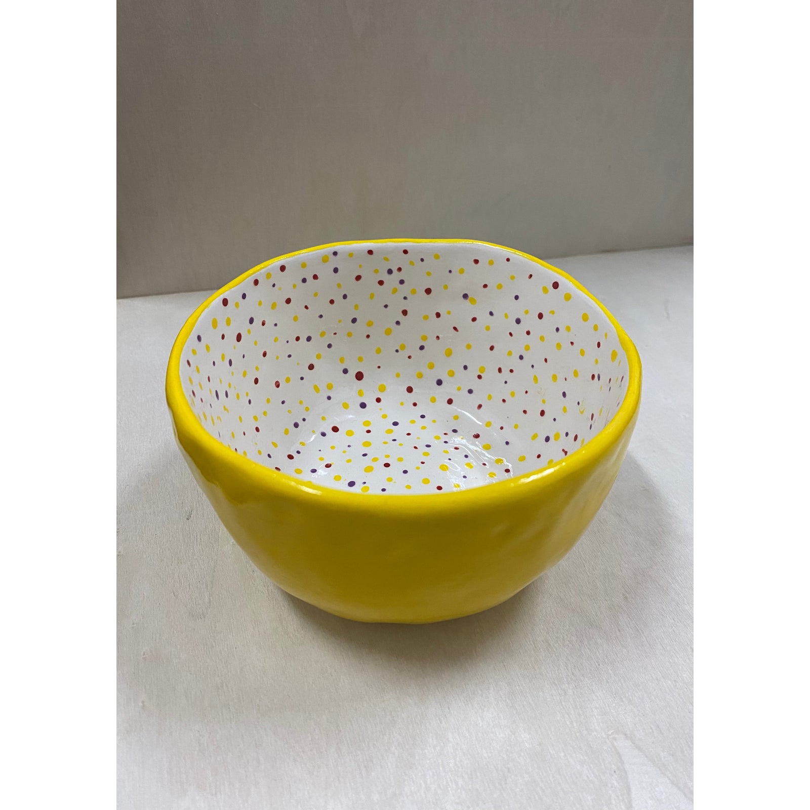 Ceramic Bowl - Yellow With Red Dots
