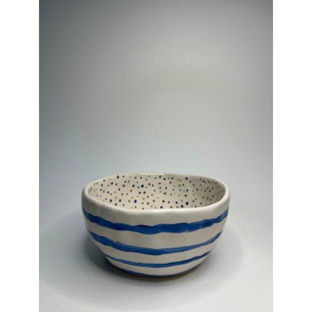 Ceramic Bowl - Blue Stripes With Colourful Dots