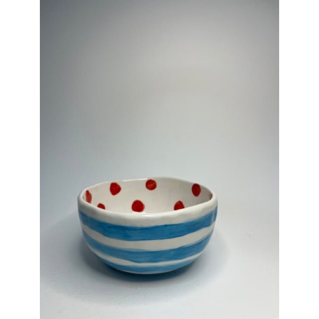 Ceramic Bowl - Blue Stripes With Red Dots