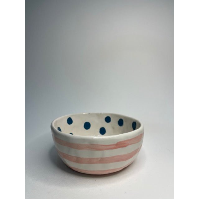 Ceramic Bowl - Pink Stripes With Blue Dots