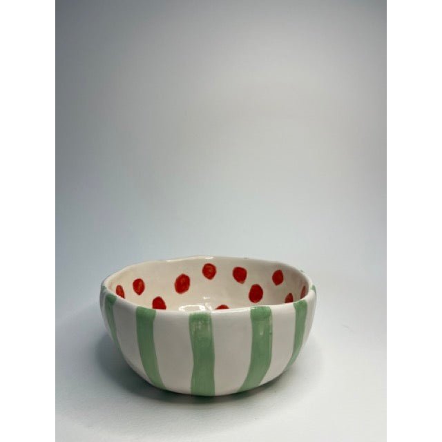 Ceramic Bowl - Green Stripes With Red Dots