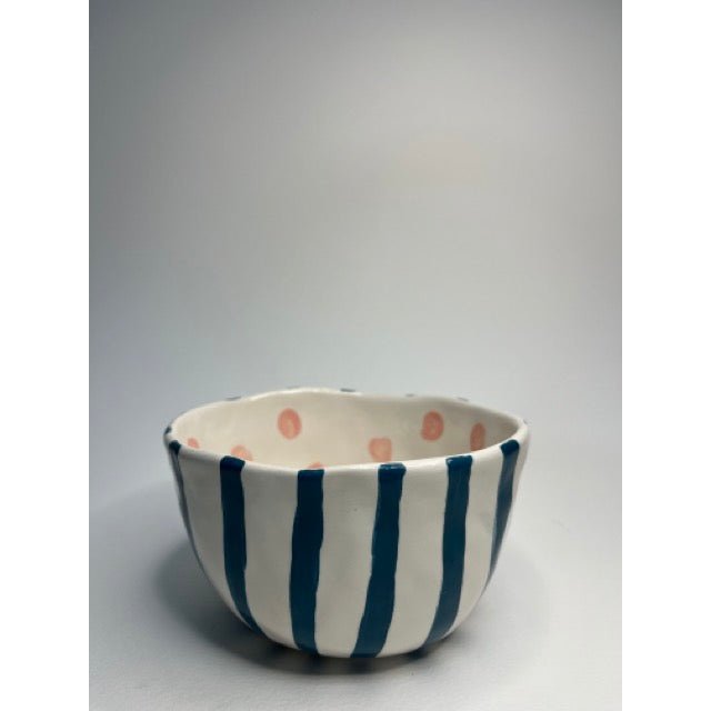 Ceramic Bowl - Blue Stripes With Pink Dots